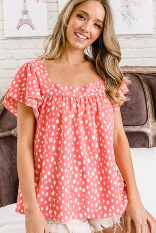 Coral square neck, ruffle sleeve top
