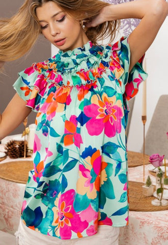 Floral ruffled neck top