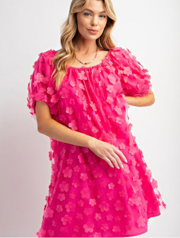 Floral Applique Mesh Dress  - Hot Pink