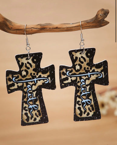 Faith Cross Leopard Earrings