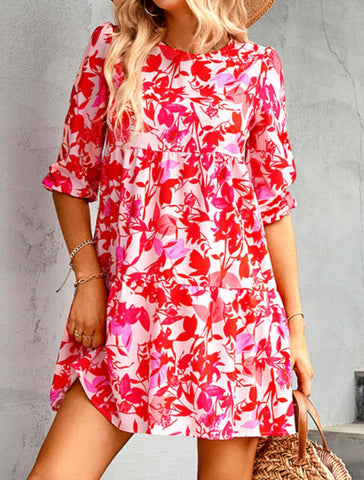 Tier Pink & Red Floral Dress