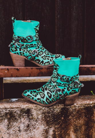 Rustic Turquoise Leopard Ankle Booties