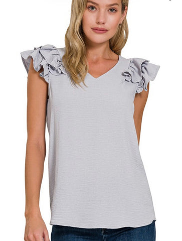 Grey woven ruffle sleeve top