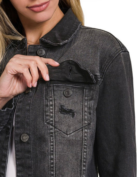 Distressed Raw Hem Black Denim Jacket