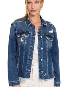 Distressed Raw Hem Denim Jacket