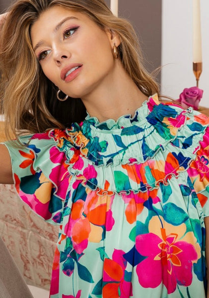 Floral ruffled neck top