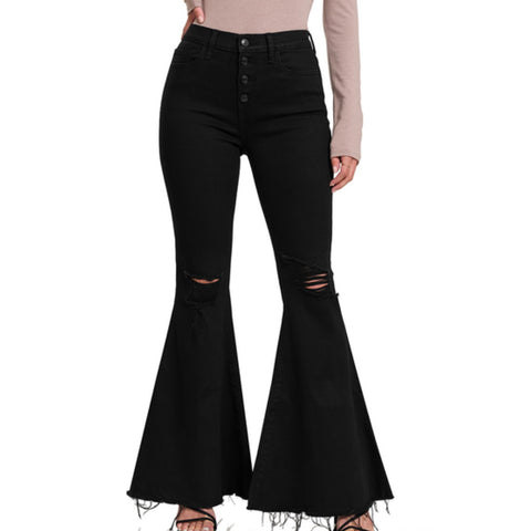 Distressed High Rise Bell Bottom Black