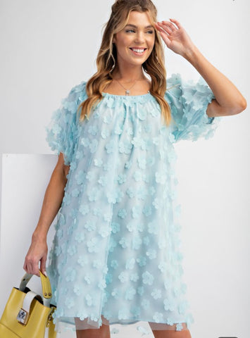 Floral Applique Mesh Dress - Aqua Blue