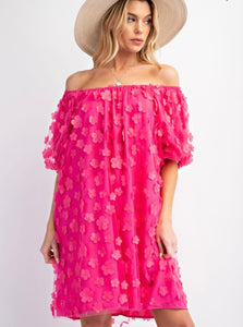 Floral Applique Mesh Dress  - Hot Pink