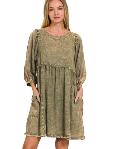 Washed Linen Baby Doll Dress in Olive