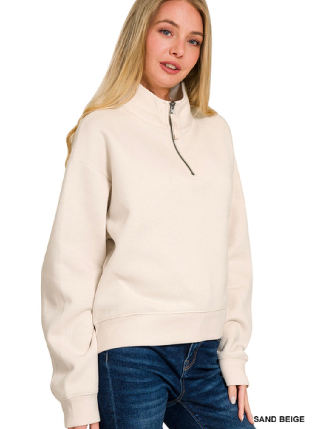 Half Zip Fleece Sweatshirt in Sand Beige – 2Wild Blue Boutique
