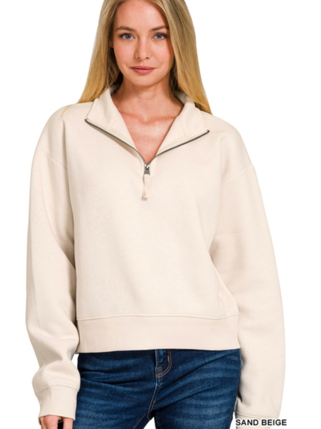 Half Zip Fleece Sweatshirt in Sand Beige