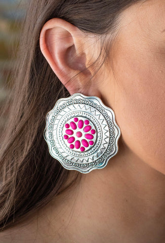 Pink Stone Concho Flower Earrings