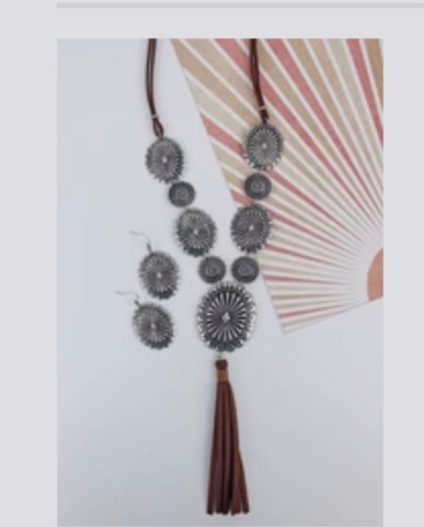 Silvertone Concho Brown Tassel Necklace & Earrings Set