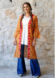 Mustard Tooled Bell Sleeve Kimono